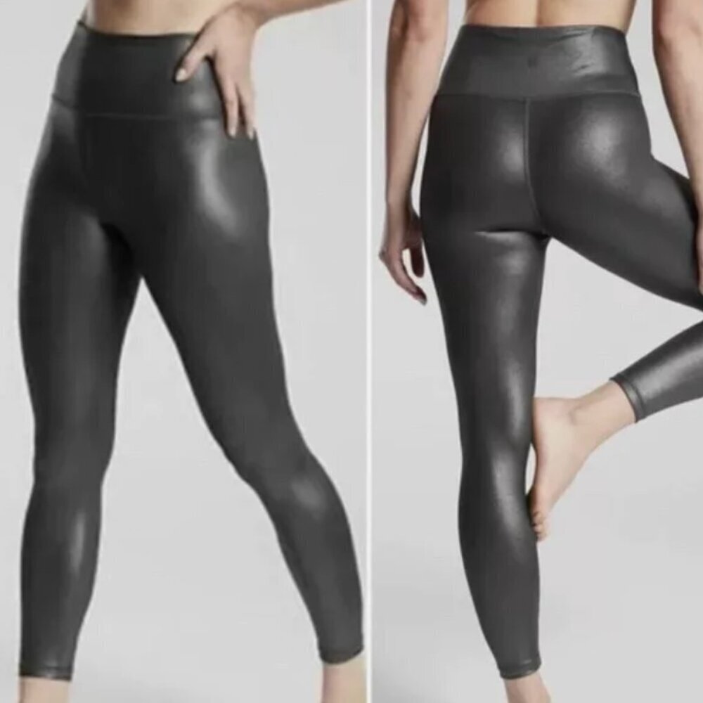 Women’s ATHLETA Black Gleam Faux Leather Front Leggings Size Medium - Picture 2 of 13